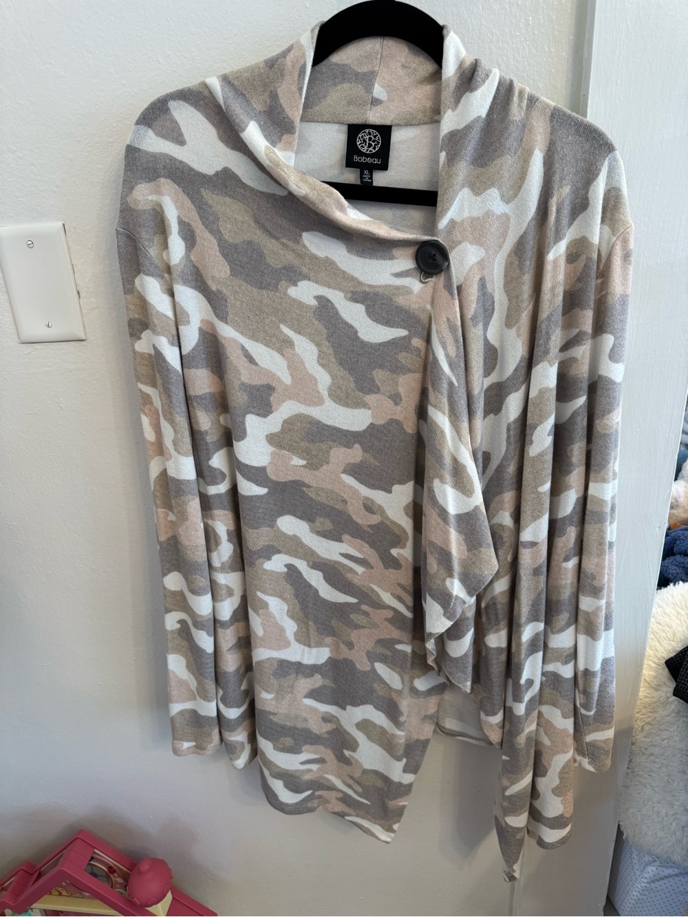 bobeau Taupe Camo Draped Button-Front Cardigan